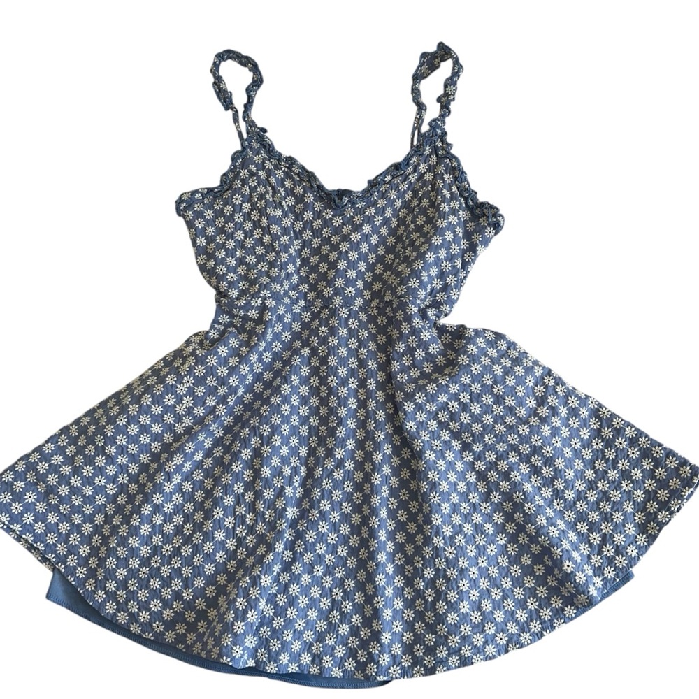 Blue Mini Sun Dress With Embroidered White Flowers